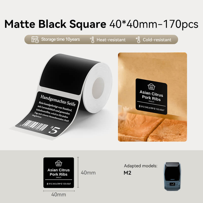 Thermal Transfer Label Printer Labels for M2 M3 40x40mm-170pcs Matte Black Square